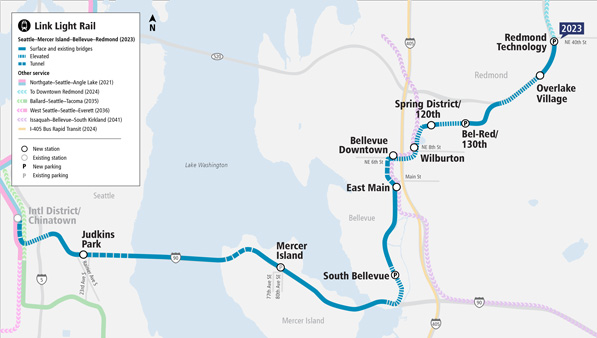 Aerial map of the Seattle, Mercer Island, Bellevue and Redmond Lnk Light Rail Extension. A blue line connects from the International District/China Town in Seattle, through Mercer Island, and north to Redmond.
